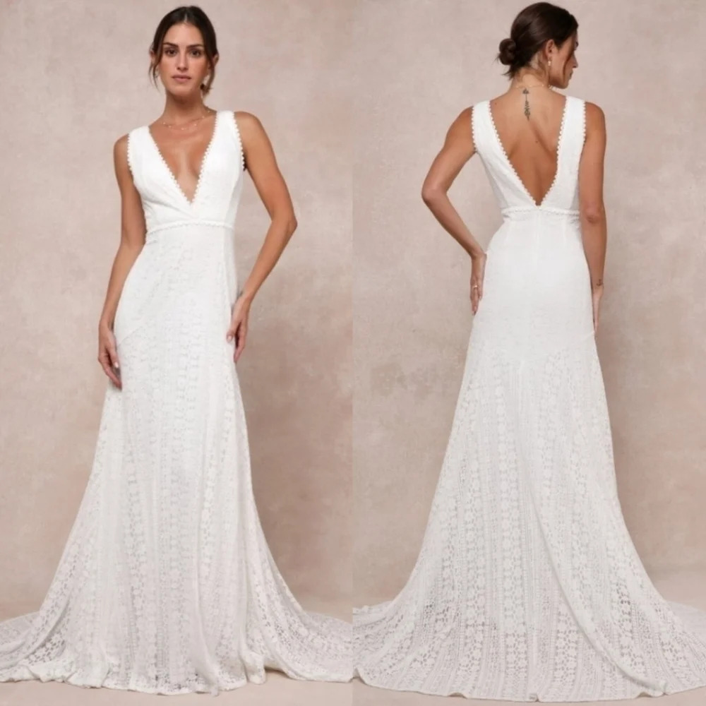Lulus Infinite Bliss Ivory Lace Sleeveless Backless Trumpet Maxi Dress Wedding